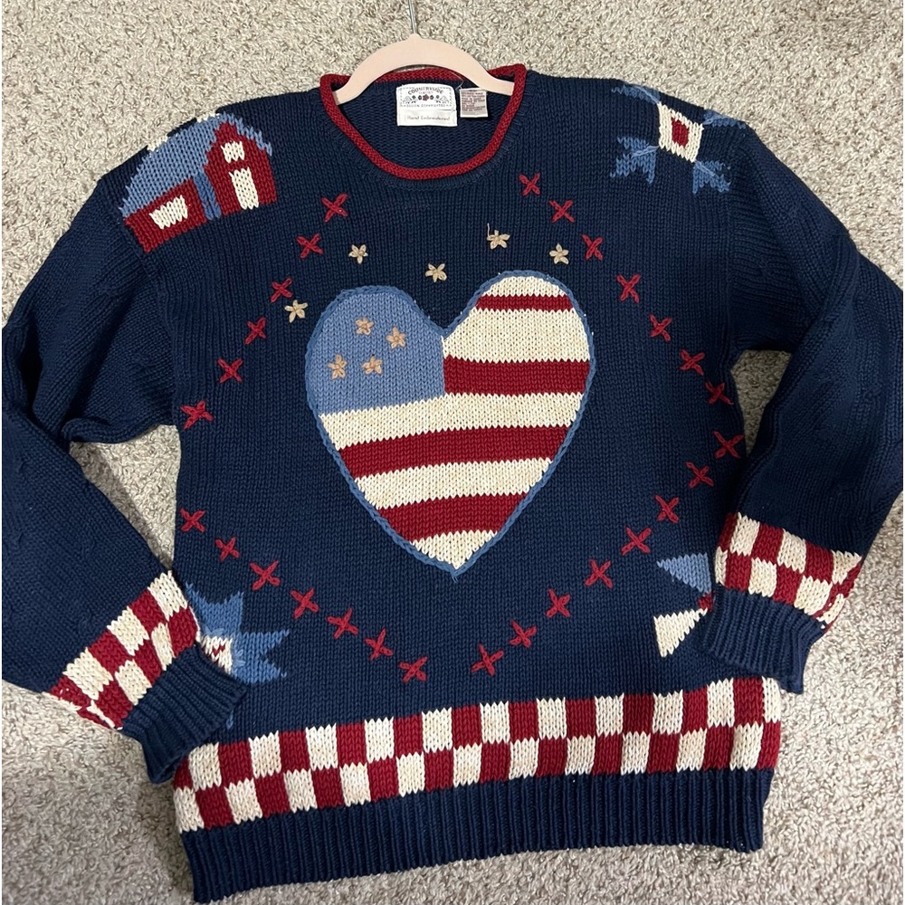 RARE vintage American Flag Sweater, one of a kind hand embroidered